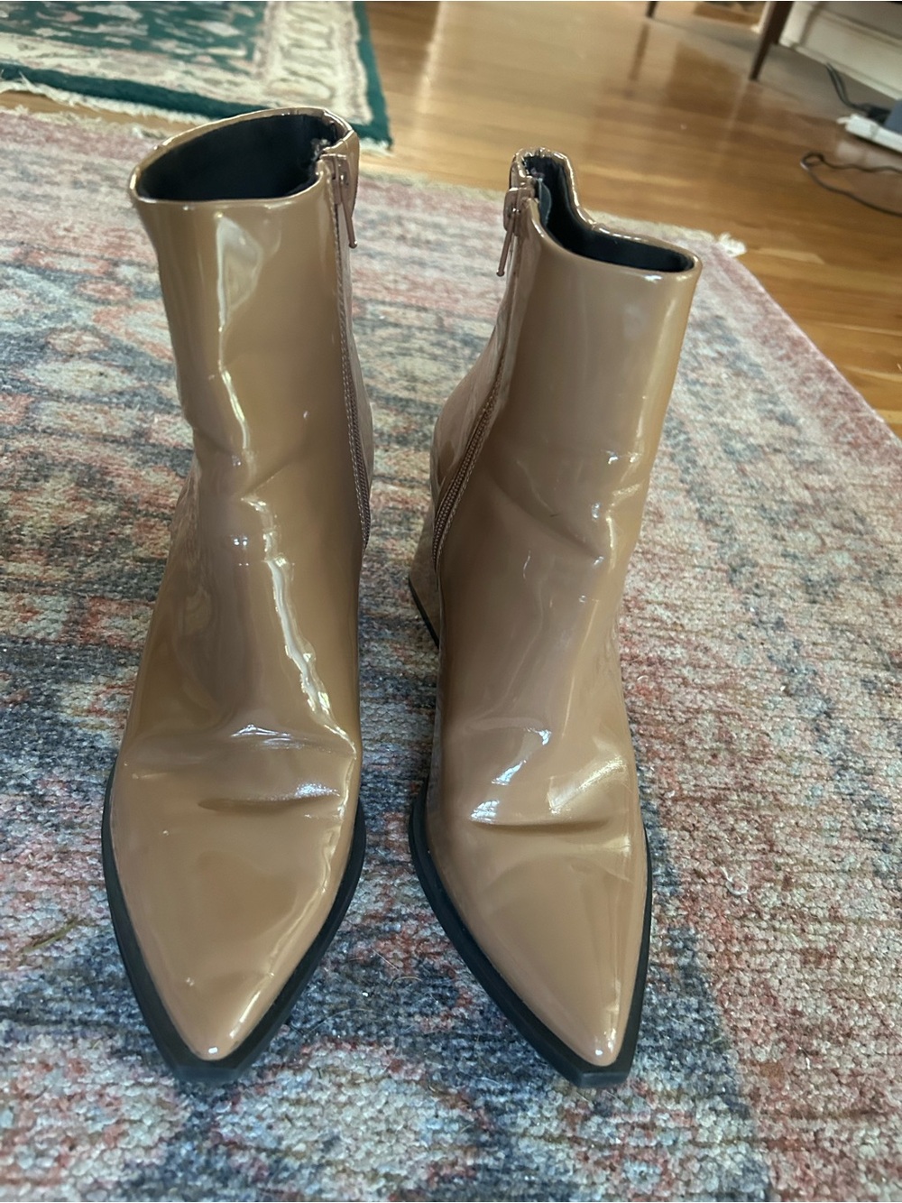 Patent Pointed-Toe Ankle Boots in Tan